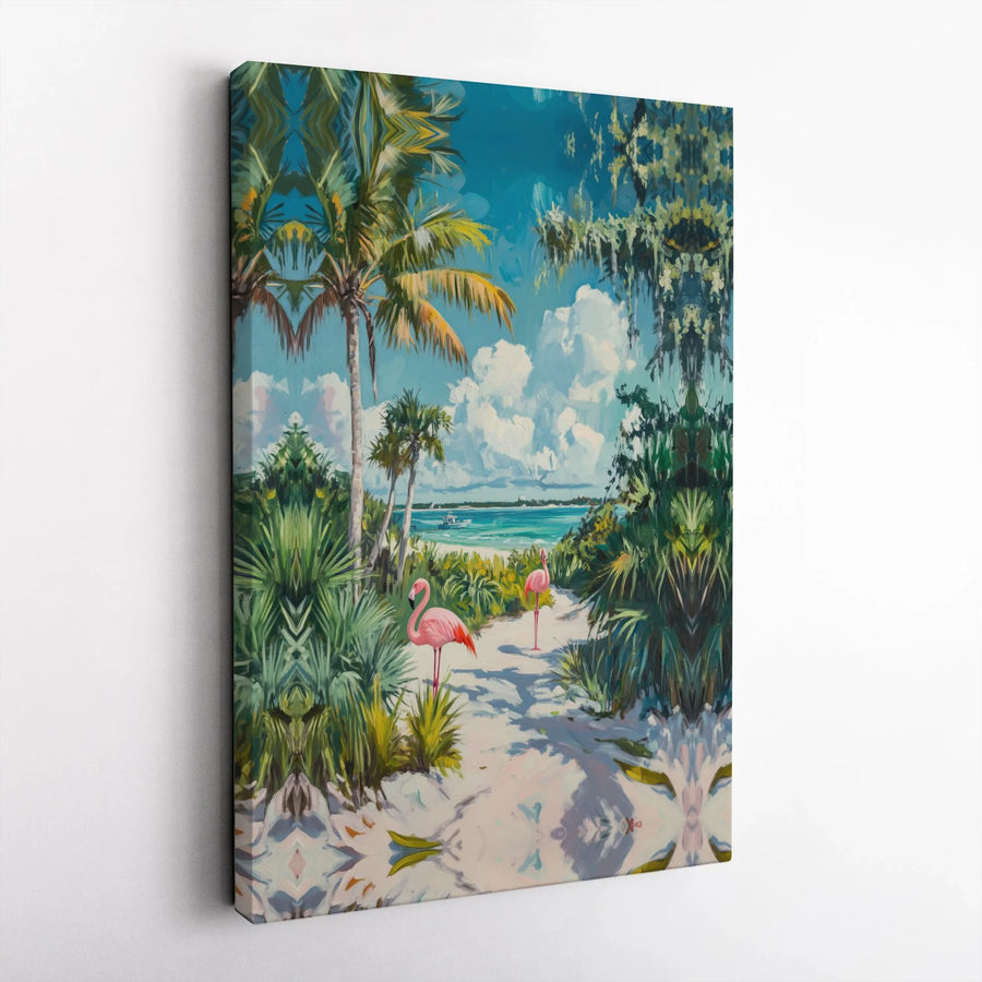 Tropical Flamingo Canvas Wall Art | Vibrant Coastal Painting Print | Thick Gallery Wrapped Canvas | Beach House & Living Room Decor Gift