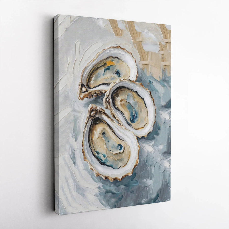 Three Oysters Canvas Wall Art | Impasto Coastal Oil Painting Style | Premium Gallery Wrap Print | Nautical Beach House Decor Gift