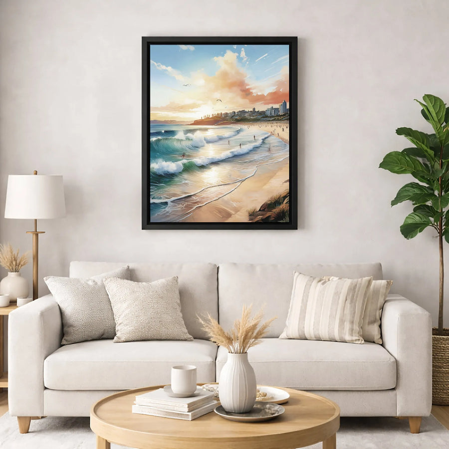 Coastal Sunset Canvas Wall Art | Surfing Ocean Waves Cityscape Print | Gallery-Quality 1.25" Profile | Tropical Beach Decor for Home Office