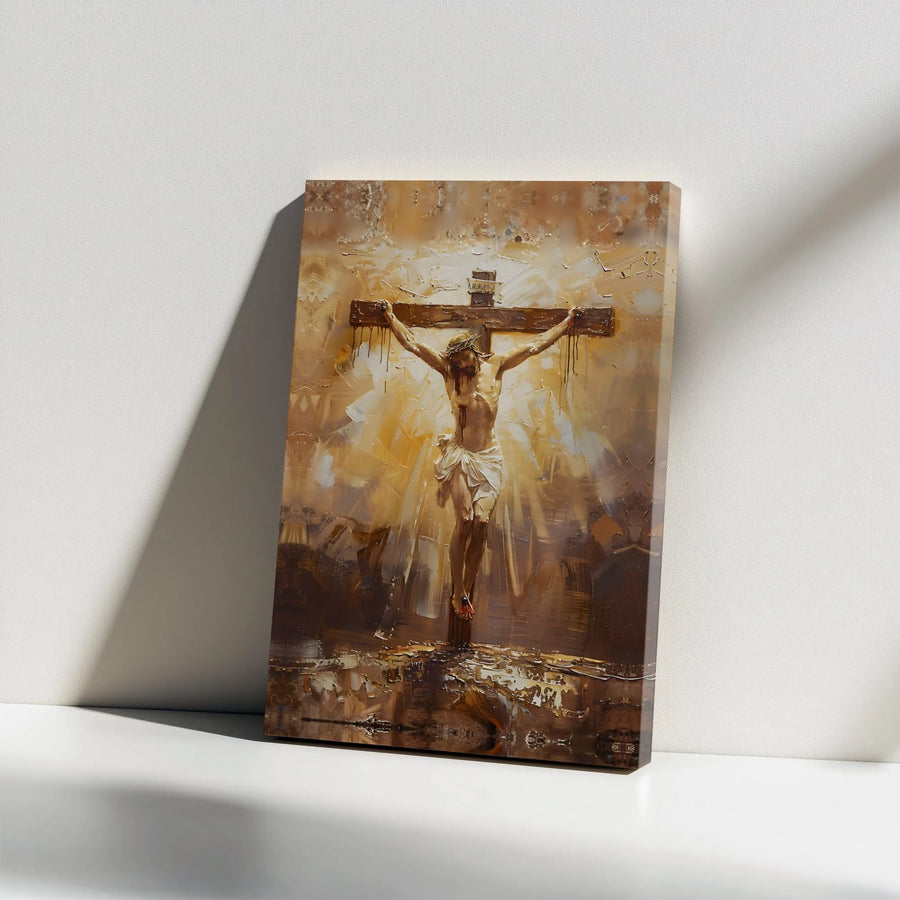 Crucifixion of Jesus Canvas Wall Art | Impasto Oil Style Religious Print | Premium Gallery Wrap | Christian Home Decor Gift for Believers