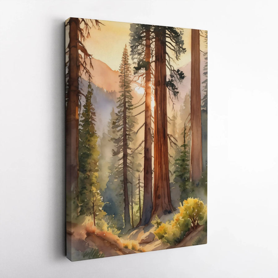 Redwood Forest Canvas Art | Watercolor Sunrise Landscape Wall Decor | Gallery Quality Premium Print | Serene Nature Gift for Home Office
