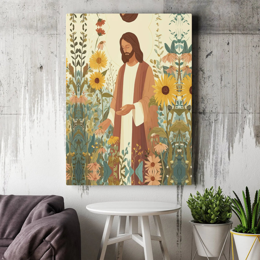 Jesus Wall Art Canvas | Jesus Christ in Sunflower Field Botanical Print | Premium Matte Canvas | Christian Home Decor Gift