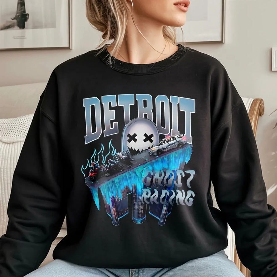 Detroit Ghost Racing Sweatshirt | Urban Streetwear Graphic Design | Premium Cotton Blend | Gift For Motorcycle Riders And Street Biker Fans