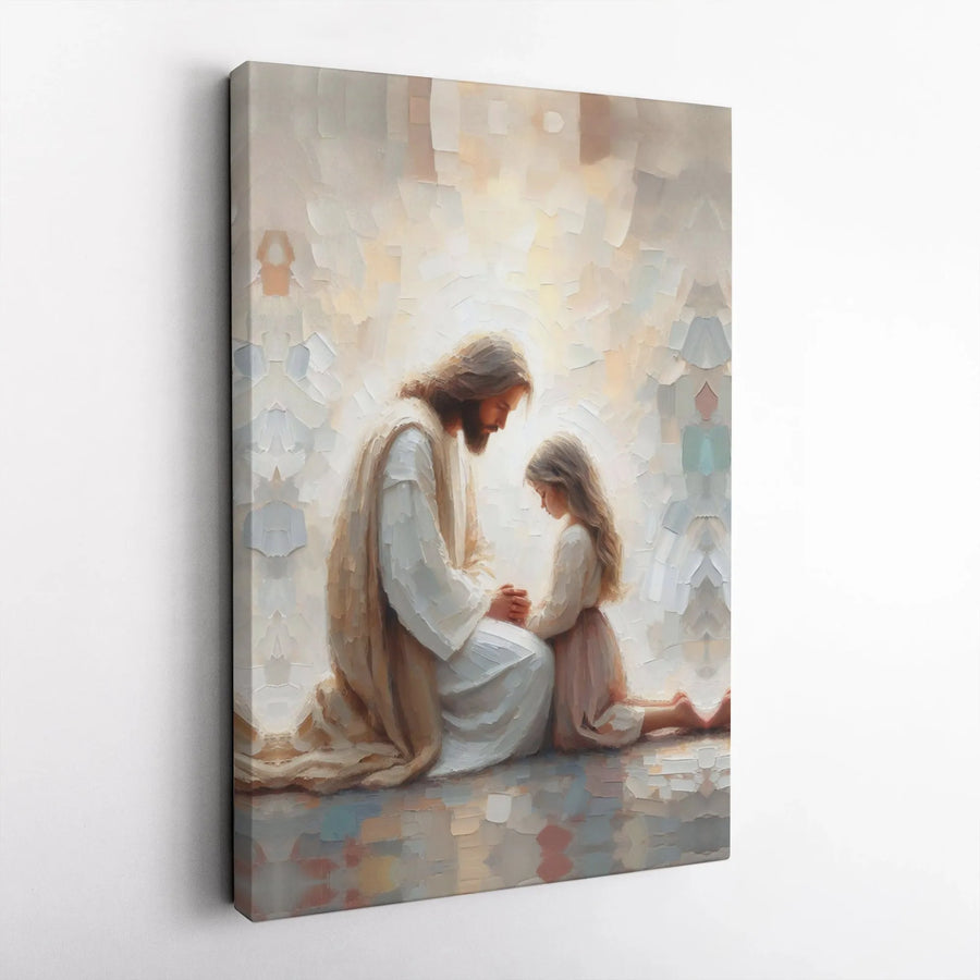 Jesus With Little Girl Canvas Art | Praying Together Religious Wall Decor | Premium Fade-Resistant Gallery Wrap | Christian Gift For Nursery Or Home