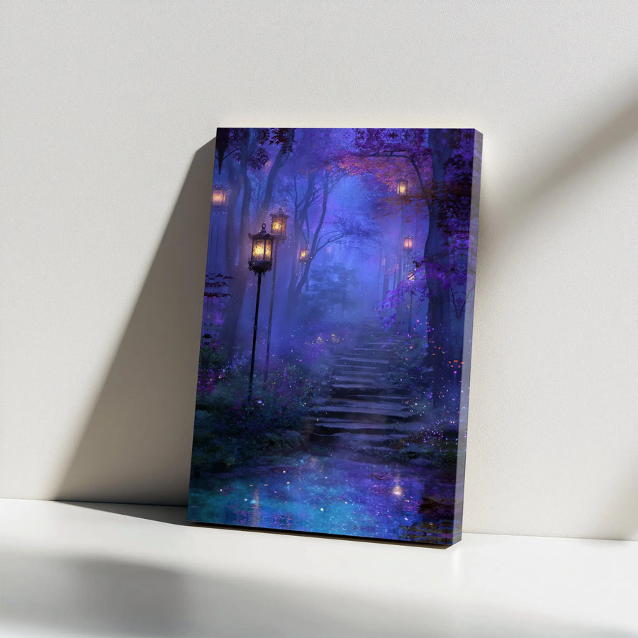 Enchanted Forest Canvas Print | Mystical Pathway with Glowing Lanterns | Premium Frameless Wall Art | Fantasy Bedroom Decor Gift