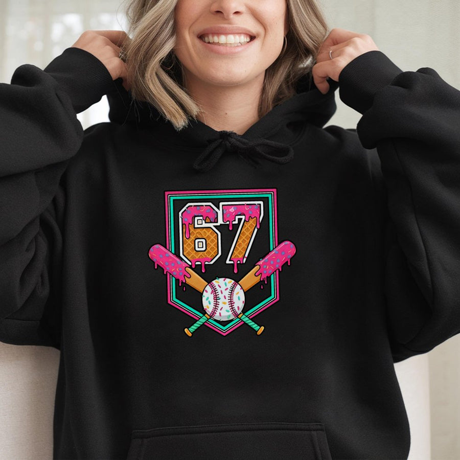 67 Baseball Hoodie | Ice Cream Drip Number 67 Graphic | Cotton Blend Premium Streetwear | Funny Sports Gift for Gen Alpha and Teens