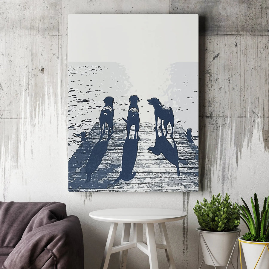 Dog Silhouette Wall Art | Three Dogs on Dock Lake View | Premium Gallery-Wrapped Canvas | Wildlife Home Decor Gift for Dog Lovers