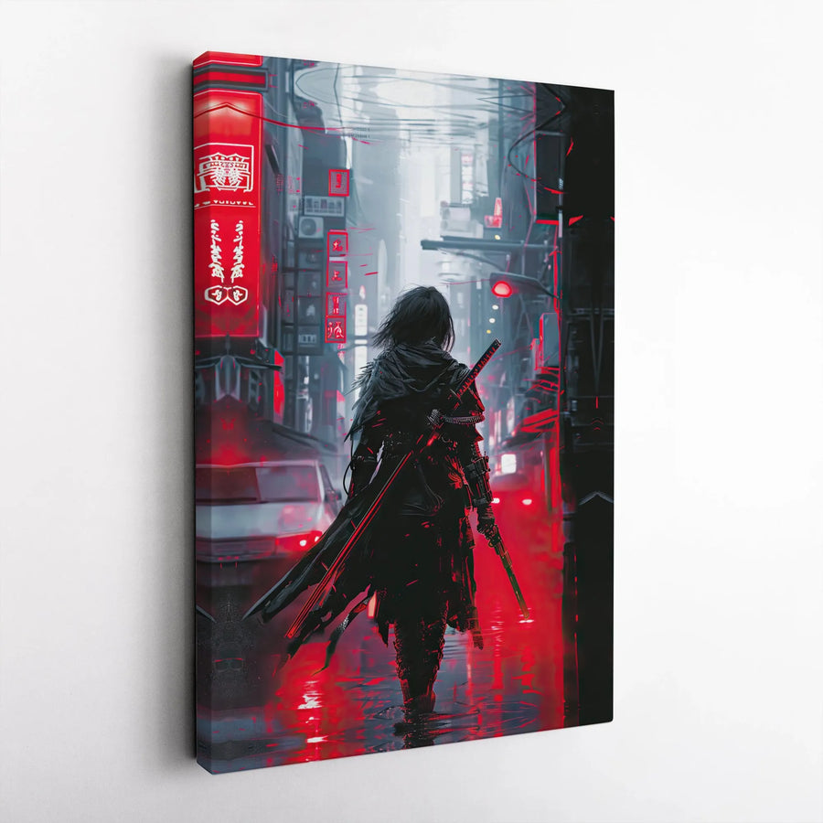 Cyberpunk Samurai Wall Art | Neon Red Rain Cityscape Canvas Print | Premium 1.25 Inch Gallery Wrap | Futuristic Decor for Gaming Room