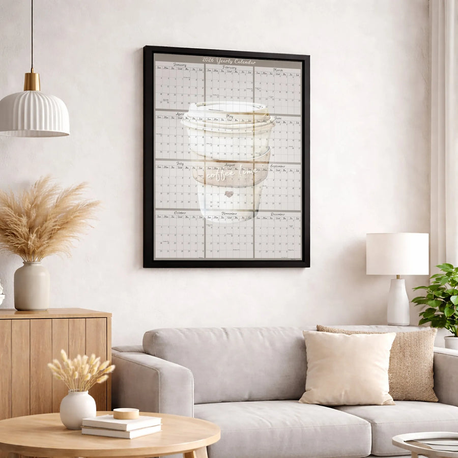 2026 Yearly Calendar Canvas Print | Coffee Time Coffee Cup Art | Premium 1.25-Inch Gallery Wrap | Home Office Kitchen Wall Decor Gift