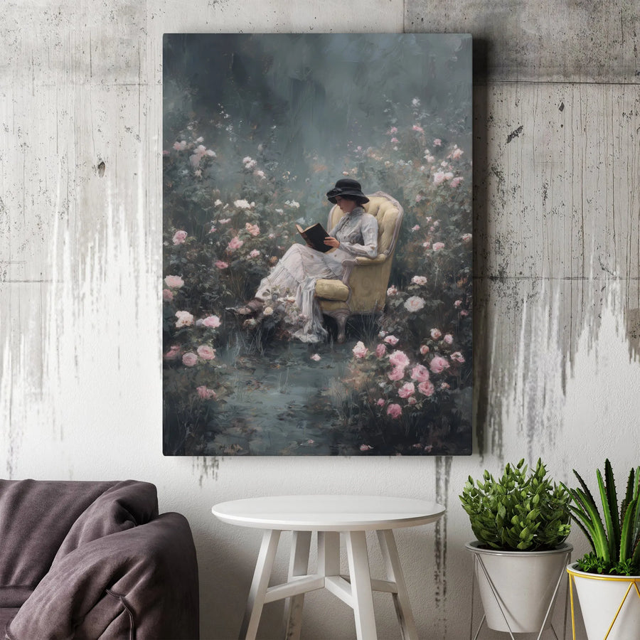 Victorian Woman Reading Canvas Wall Art | Moody Rose Garden Portrait | Premium Fade-Resistant Print | Elegant Gift for Book Lovers & Home Decor