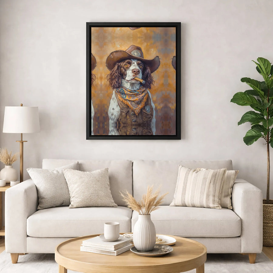 Cowboy English Springer Spaniel Wall Art | Western Dog Smoking Cigar Portrait | Premium Gallery Wrapped Canvas | Rustic Man Cave Decor Gift