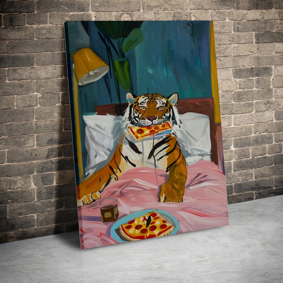 Tiger Eating Pizza Canvas Wall Art | Humorous Animal Painting Print | Premium Gallery Wrap Canvas | Unique Home Decor Gift for Foodie