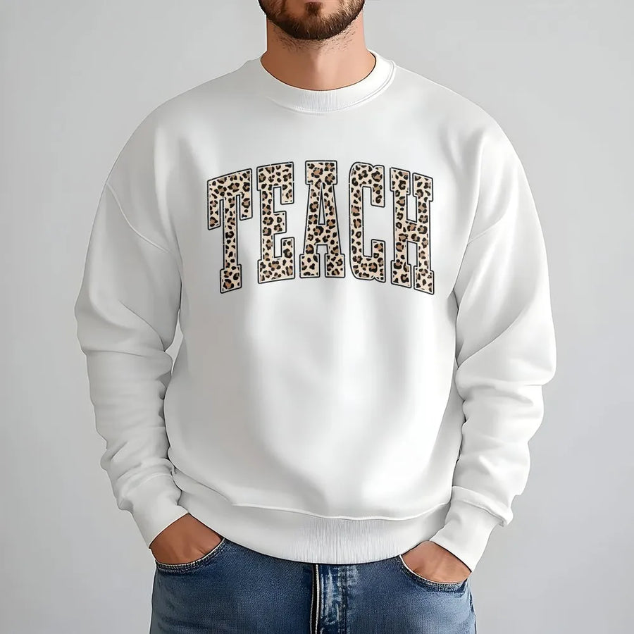 Leopard Teacher Sweatshirt | Cheetah Print Varsity 'Teach' Design | Premium Soft Cotton | Appreciation Gift for Educators