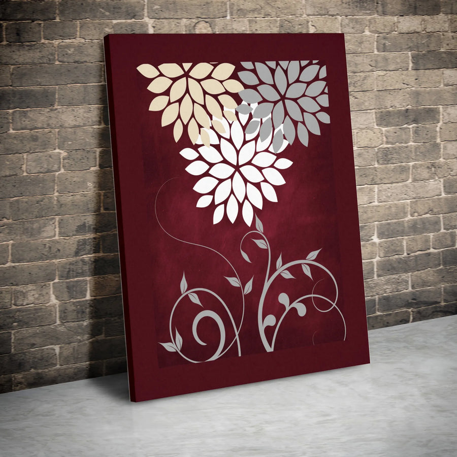 Abstract Floral Canvas Wall Art | Burgundy and Silver Botanical Print | Premium Thick Gallery Canvas | Modern Living Room Home Decor Gift