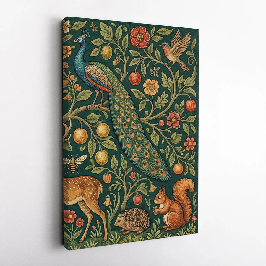 Forest Animal Canvas Print | Vintage Peacock and Woodland Creature Art | Premium Gallery Wrap Wall Decor | Nature Inspired Home Gift