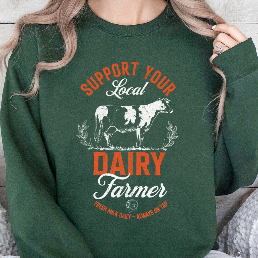 Support Your Local Dairy Farmer Sweatshirt | Vintage Farm Animal Graphic | Cotton Blend Premium Crewneck | Agriculture Gift For Farmers & Supporters