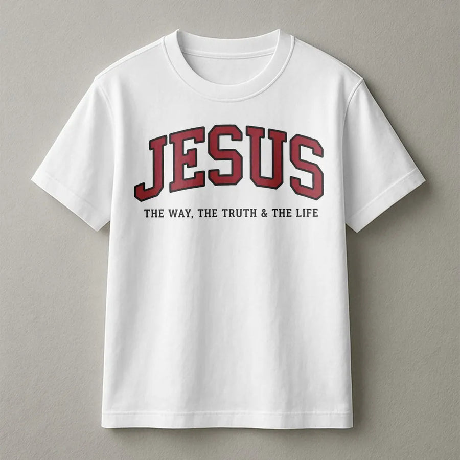 Jesus T-Shirt | Collegiate Style 'The Way The Truth The Life' | Premium Cotton-Blend | Christian Faith Apparel Gift