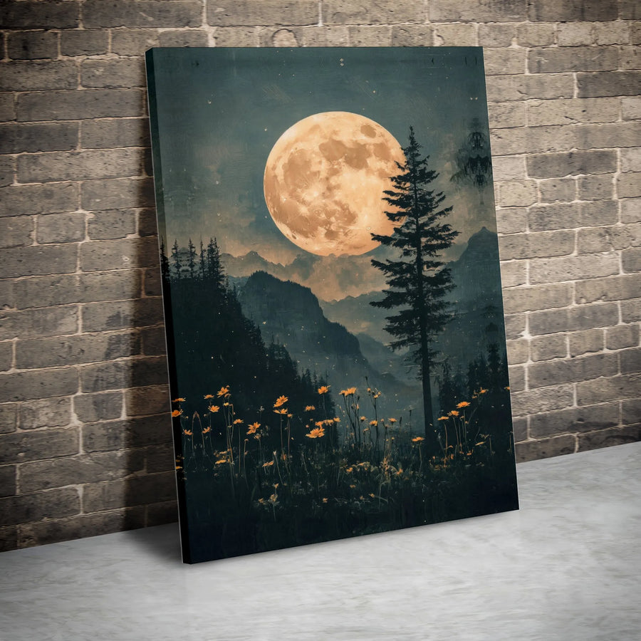 Full Moon Mountain Forest Canvas Art | Enchanting Night Landscape with Wildflowers | Premium Fade-Resistant Print | Nature Lover Home Decor Gift