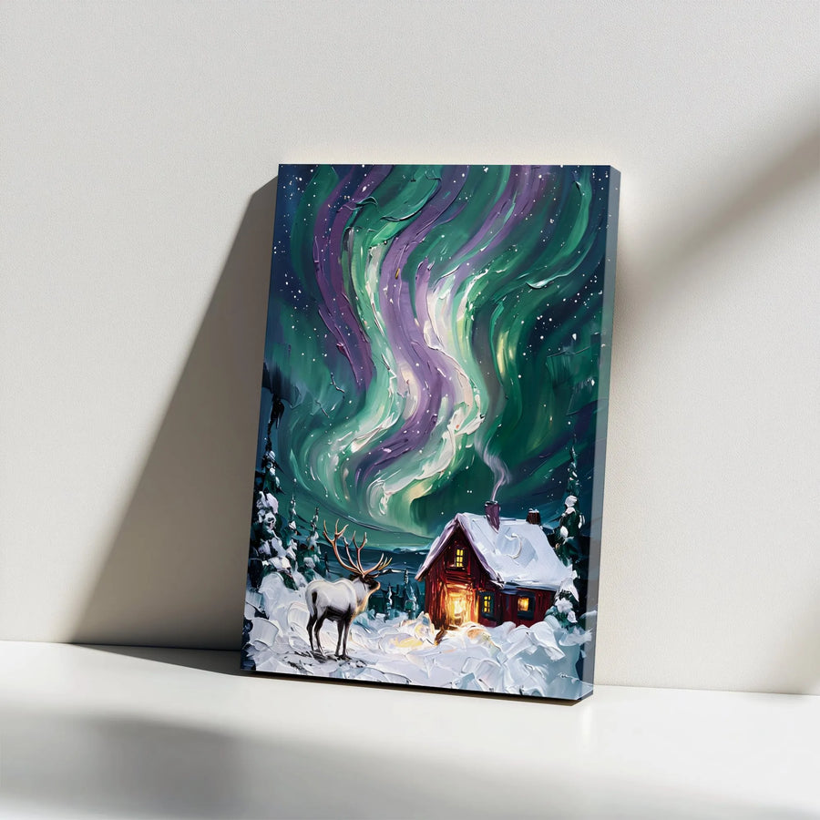 Aurora Borealis Canvas Wall Art | Snowy Reindeer & Log Cabin Impasto Print | Gallery Wrap Premium Decor | Winter Wonderland Gift for Nature Lovers