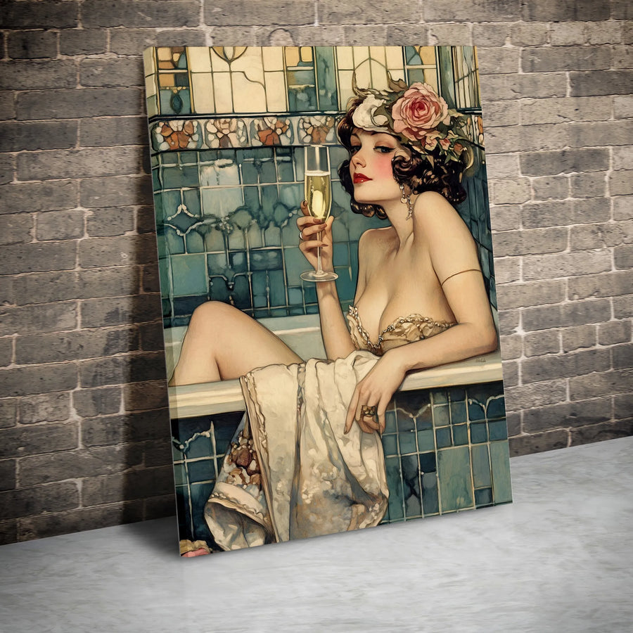 Art Deco Woman Bathing Canvas Print | Champagne Soaking Elegant Lady | Gallery-Quality 1.25-Inch Profile | Vintage Aesthetic Wall Decor Gift