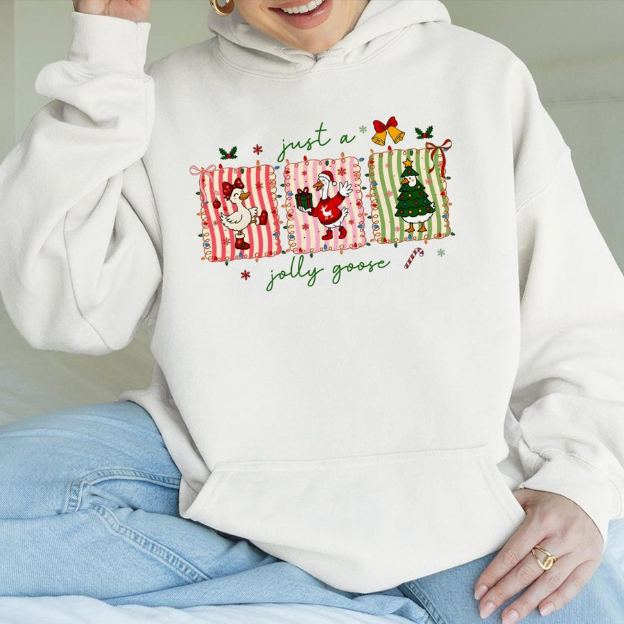 Jolly Goose Christmas Hoodie | Cute Santa Duck Holiday Graphic | Soft Cotton Blend Sweatshirt | Funny Winter Gift for Goose Lovers