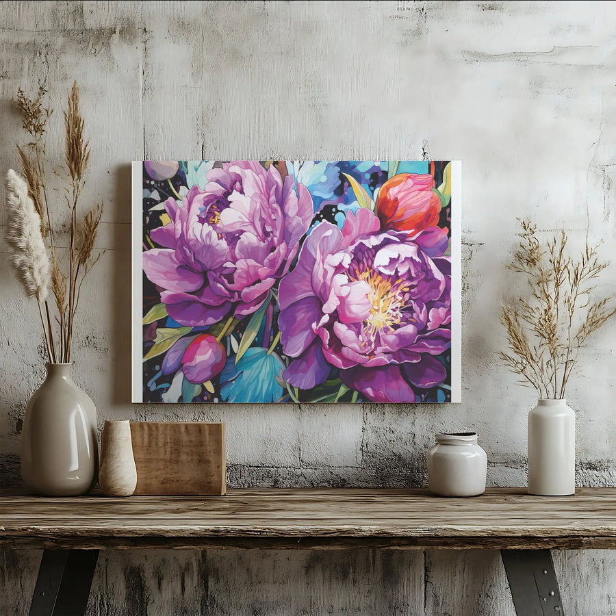 Purple Peony Canvas Wall Art | Vibrant Watercolor Floral Painting | Premium 1.25" Thick Gallery Wrap | Modern Botanical Home Decor Gift