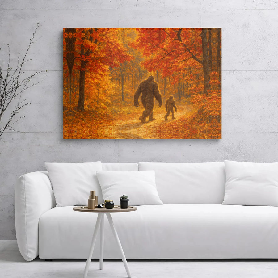 Bigfoot and Baby Sasquatch Canvas Art | Autumn Forest Nature Print | Premium Gallery Wrap Decor | Gift for Cryptid Lover Enthusiast