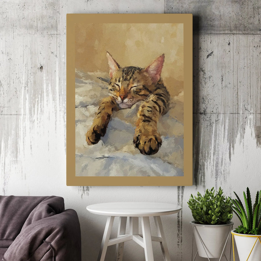 Sleeping Tabby Cat Canvas Print | Impressionist Oil Painting Style | Gallery Wrapped 1.25 Inch Thick | Cozy Home Decor Cat Lover Gift