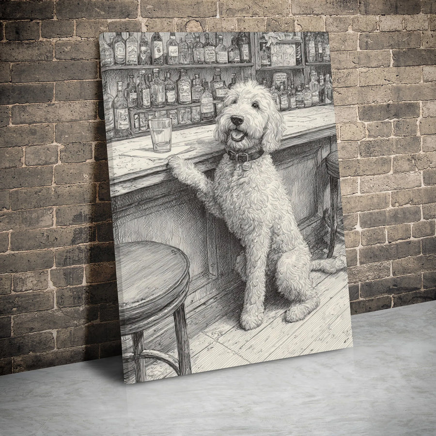 Goldendoodle Dog Canvas Art | Whimsical Bar Sketch Wall Decor | Premium 1.25 Inch Gallery Wrap | Perfect Gift For Dog Lovers & Tavern Enthusiasts