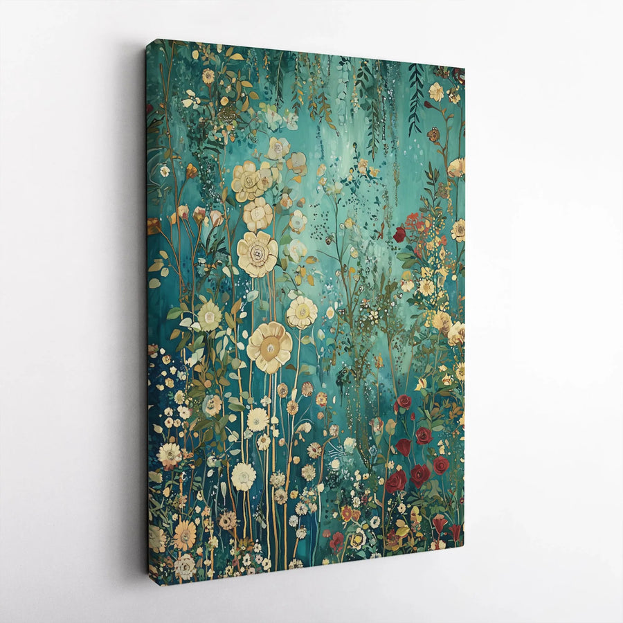 Teal Floral Meadow Canvas Wall Art | Vintage Botanical Garden Print | Premium Gallery Wrap Canvas | Aesthetic Home Decor Gift for Her