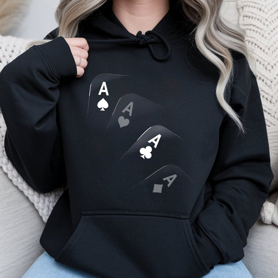 Four Aces Poker Hoodie | Casino Gambling Graphic Design | Premium Cotton Blend | Gift For Card Players And Gamblers