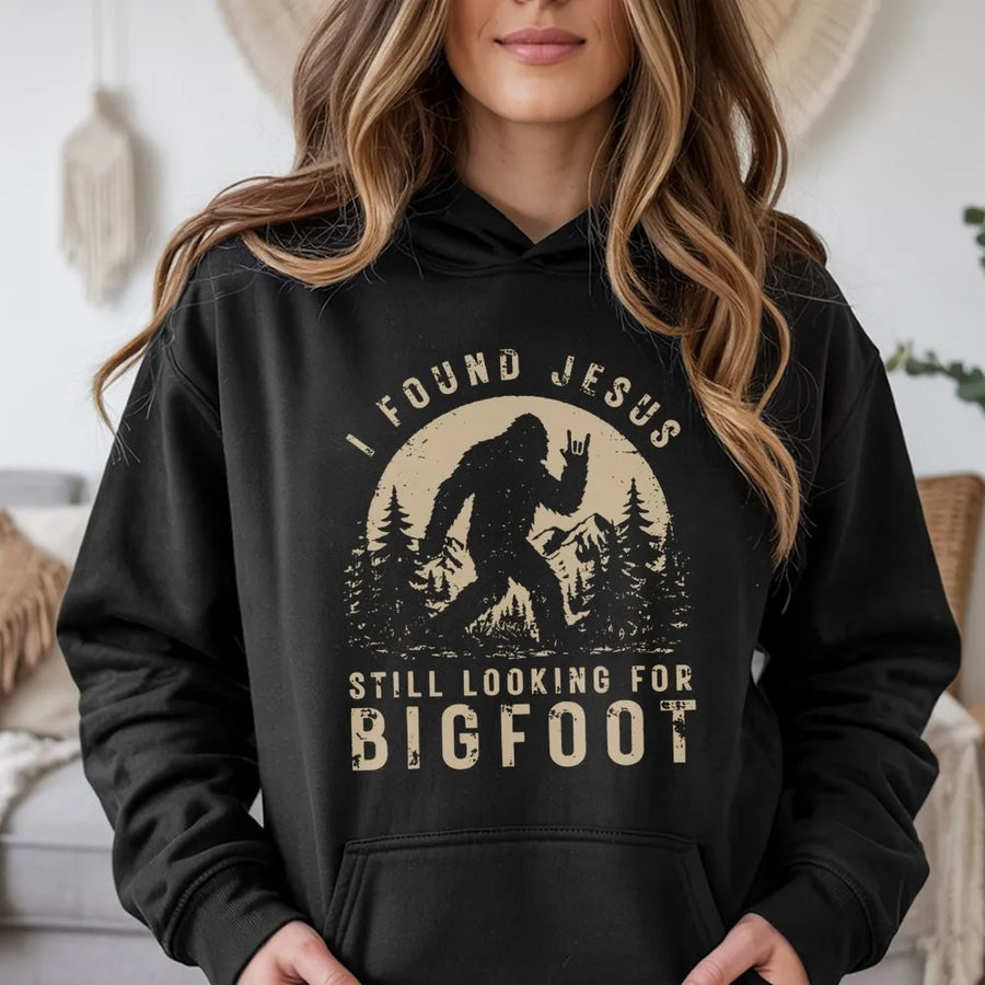 Bigfoot Hoodie | Funny I Found Jesus Sasquatch Graphic | Soft Cotton Blend | Unisex Religious Humor Gift