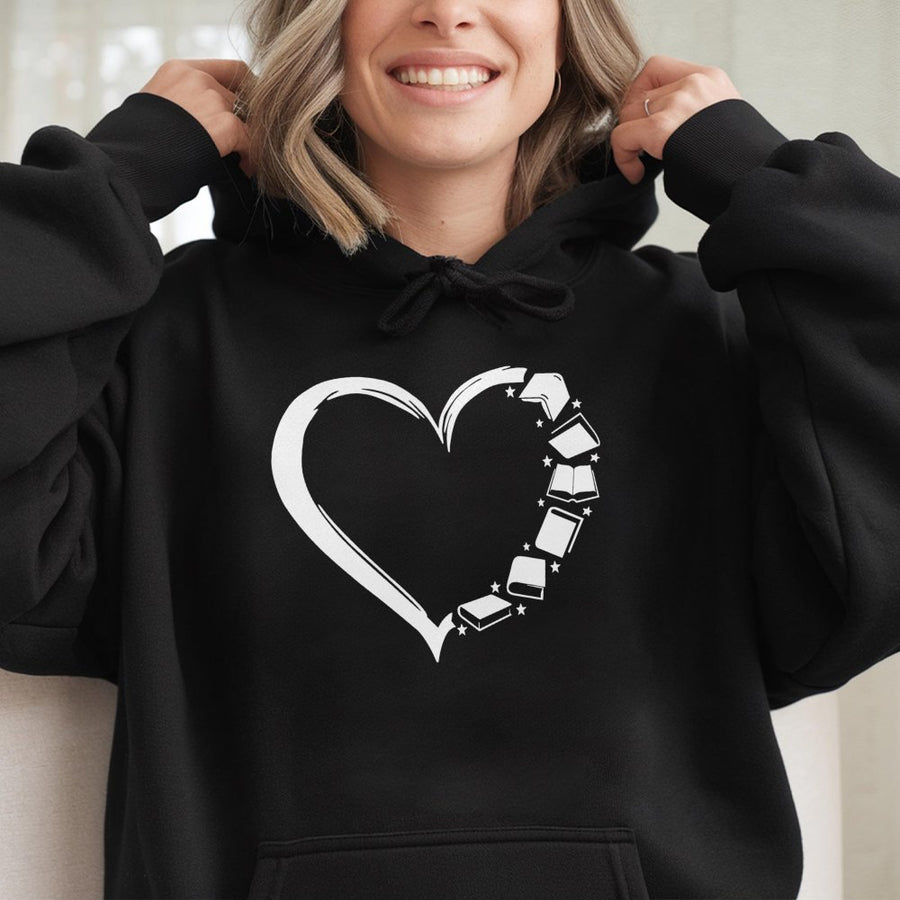 Book Lover Hoodie | Heart Shape Stacked Books Design | Premium Cotton-Poly Blend | Cozy Librarian Reader Gift for Women and Men