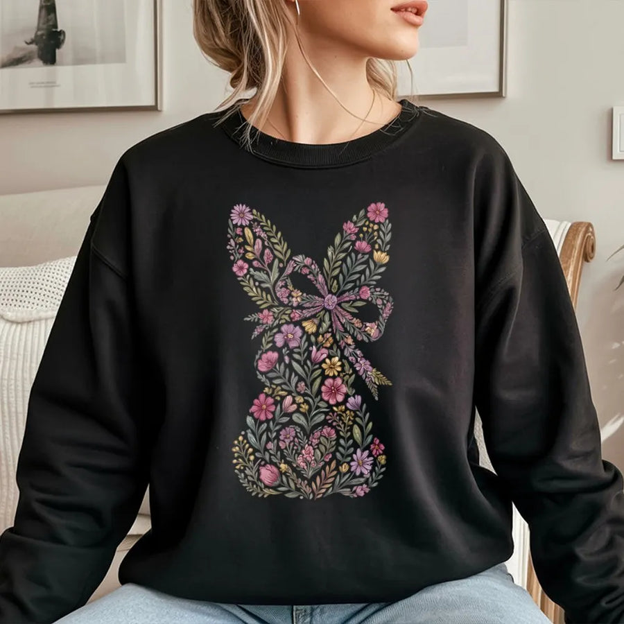Floral Easter Bunny Sweatshirt | Botanical Rabbit Graphic Print | Soft Cotton Blend Premium Pullover | Spring Holiday Gift For Women And Men