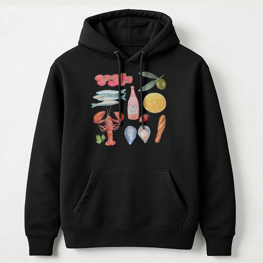 Mediterranean Food Graphic Hoodie | Watercolor Seafood & Wine Print | Premium Soft Cotton | Coastal Summer Unisex Foodie Gift