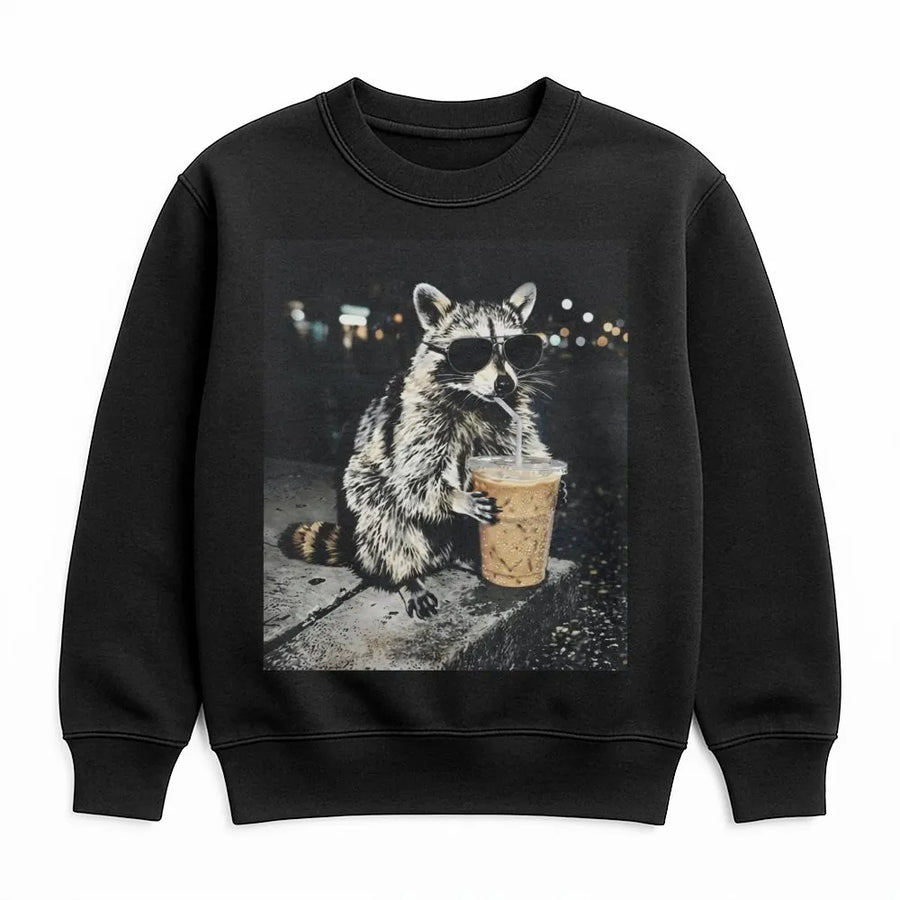 Raccoon Coffee Sweatshirt | Funny Animal With Sunglasses Graphic | Premium Cotton Blend | Quirky Gift For Coffee Lovers And Nature Enthusiasts