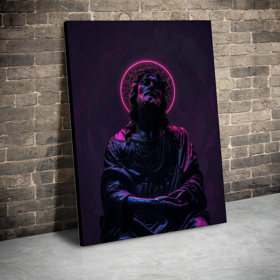 Jesus Christ Canvas Wall Art | Modern Cyberpunk Style with Neon Halo | Premium Gallery-Wrapped Print | Christian Home Decor Gift