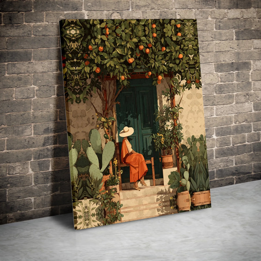 Italian Summer Canvas Print | Rustic Porch with Orange Grove Art | Premium Gallery Wrap | Boho Living Room Decor Gift