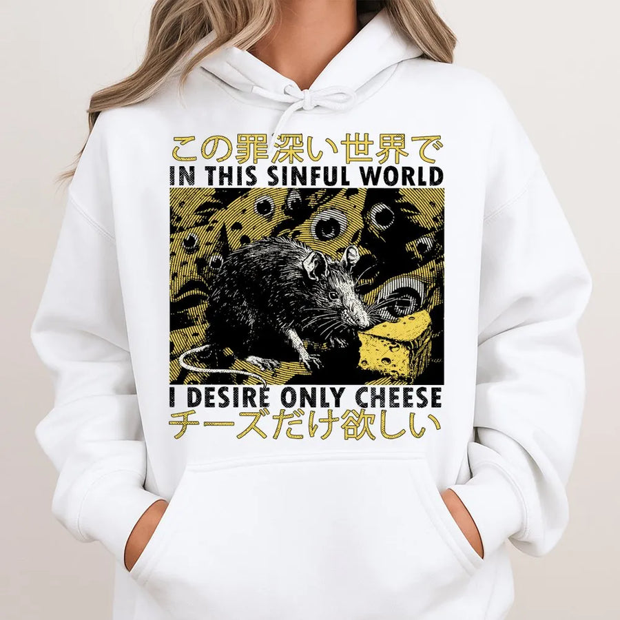 I Desire Only Cheese Rat Hoodie | Funny Japanese Aesthetic Graphic Streetwear | Premium Cotton Blend | Gift For Him Her Weirdcore Lover
