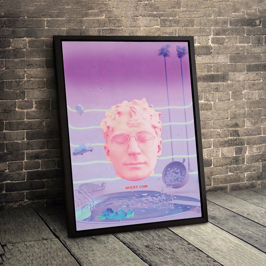 Insert Coin Vaporwave Canvas Print | Surreal Pink Head Retro Art | Premium Gallery Wrapped Decor | Unique Aesthetic Wall Art for Gamers