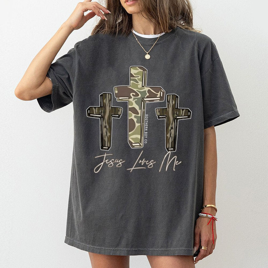 Jesus Loves Me Three Cross T-Shirt | Camo Tree Design | 100% Cotton Premium Tee | Christian Faith Gift for Him and Her