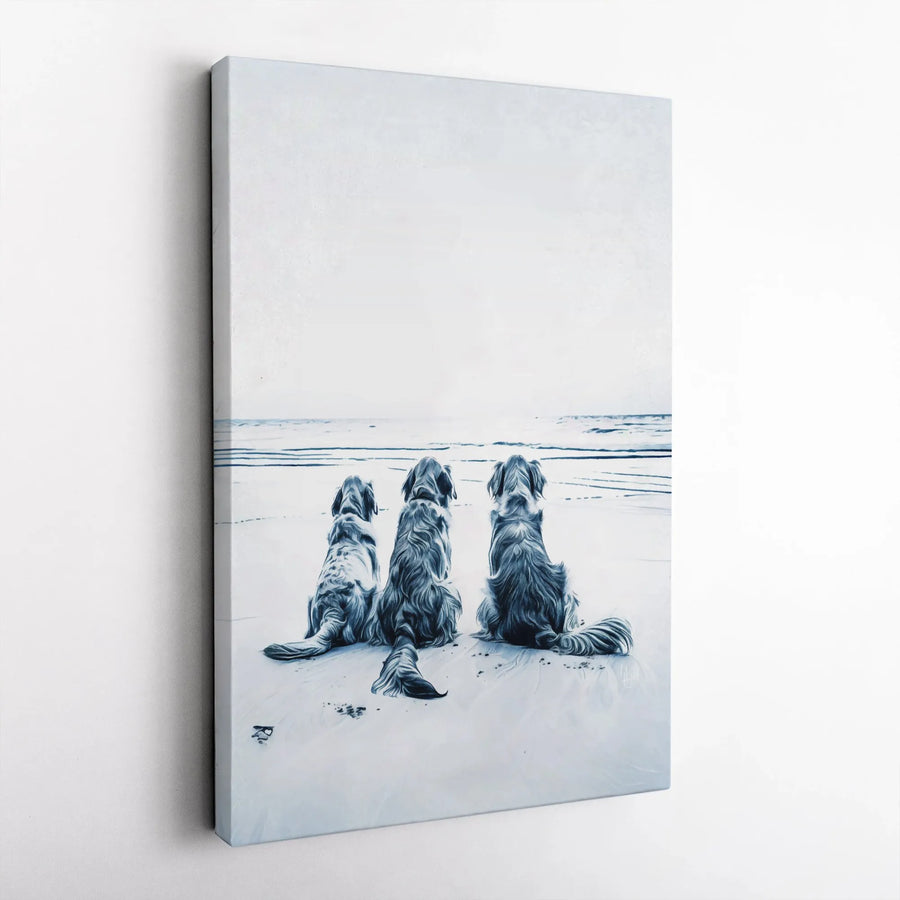 Three Golden Retrievers Canvas Wall Art | Coastal Dog Beach Scene Print | Premium 1.25 Inch Gallery Wrap | Gift for Dog Lovers and Pet Owners