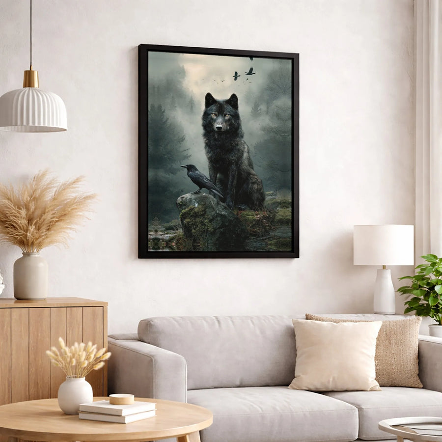 Black Wolf and Raven Wall Art | Misty Forest Gothic Animal Print | Premium 1.25-Inch Gallery Canvas | Nature Lover Home Decor Gift
