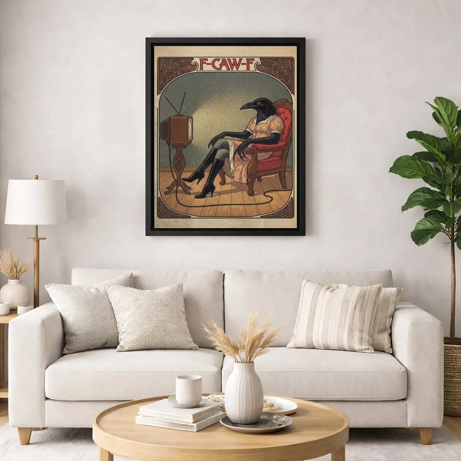 Anthropomorphic Crow Wall Art | Vintage TV Surrealism Poster | 1.25-Inch Gallery-Wrapped Canvas | Quirky Dark Academia Home Decor Gift