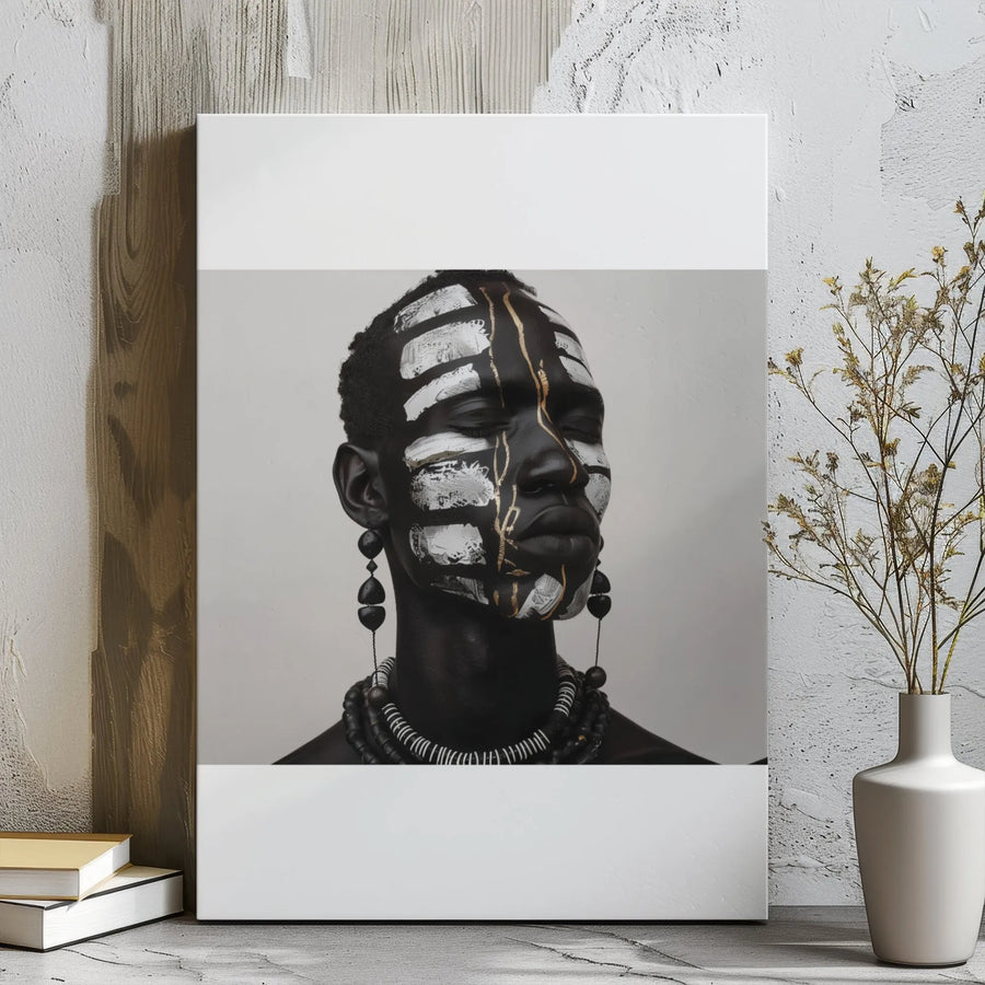 African Portrait Canvas Wall Art | Tribal Face Paint Gold Details | Premium Gallery Wrap 1.25 inch | Modern Home Decor Gift