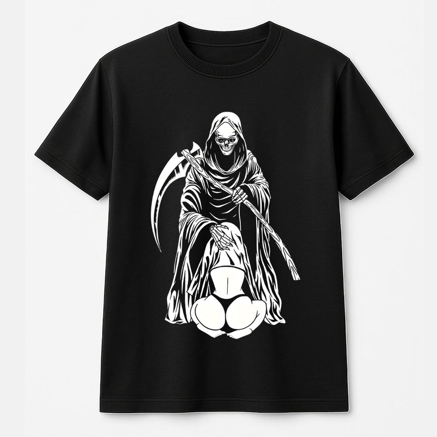 Grim Reaper Graphic T-Shirt | Edgy Skull Scythe Aesthetic | 100% Cotton Premium Apparel | Unisex Streetwear Gift for Alternative Fashion Lovers