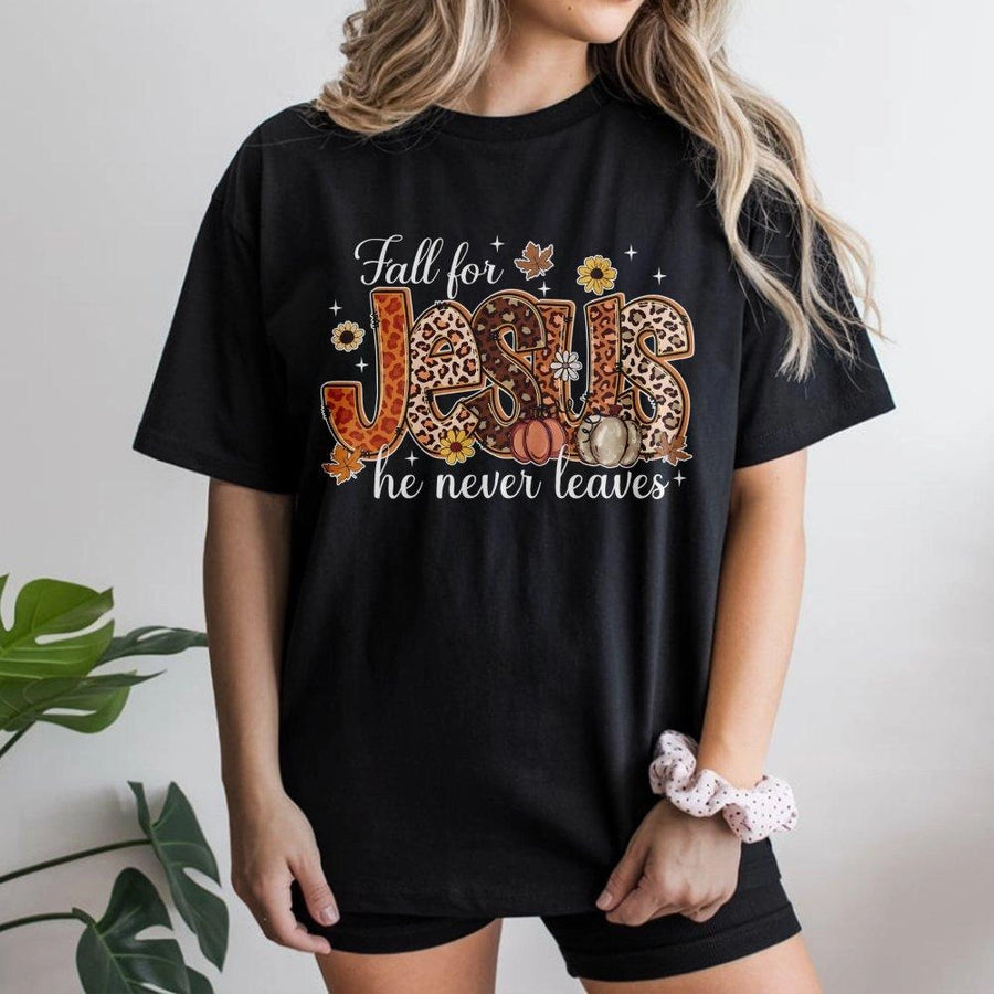 Fall For Jesus T-Shirt | Leopard Print Autumn Christian Design | 100% Cotton Premium Tee | Faith-Based Fall Apparel Gift for Women & Men