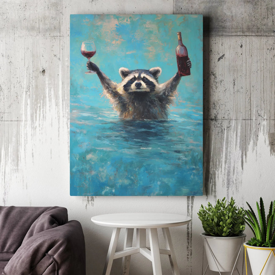 Raccoon Drinking Wine Canvas Art | Funny Animal Oil Painting Print | Premium Gallery Wrap Decor | Unique Gift For Wine Lovers & Home Bar