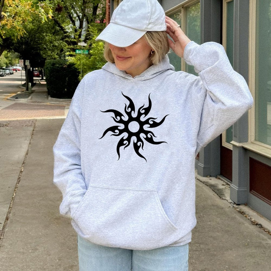 Tribal Sun Flame Hoodie | Y2K Aesthetic Graphic Print | Soft Cotton-Polyester Blend | Unisex Streetwear Gift for Men and Women