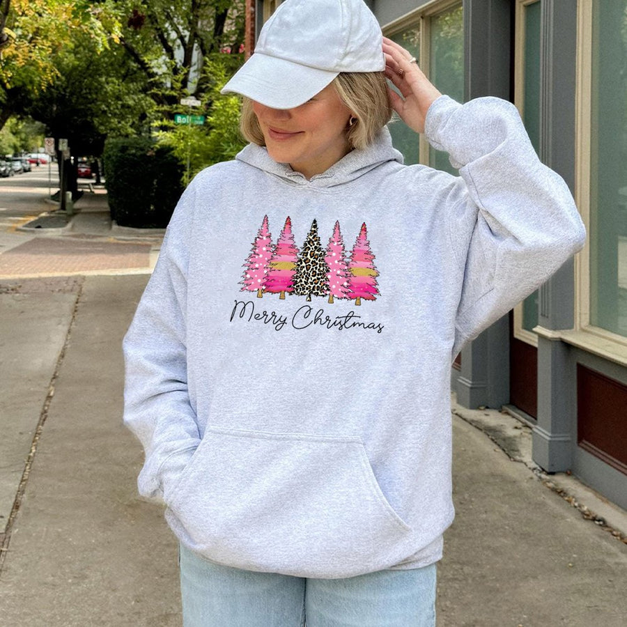 Merry Christmas Hoodie | Pink Leopard Print Tree Design | Premium Cotton-Poly Blend | Cozy Holiday Gift for Women